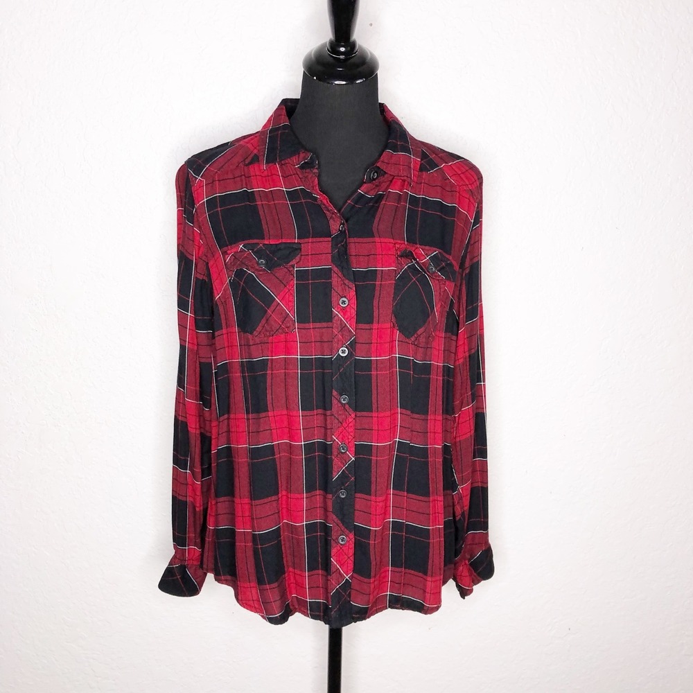 Torrid Red Black Plaid Button Down Rayon Shirt Top Women Size 0 Large